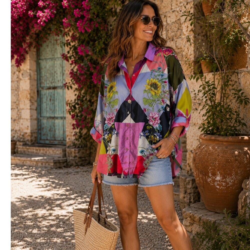 Johnny Was 100% Silk OVERSIZED Floral Geometric Button Front Blouse Shirt Size S